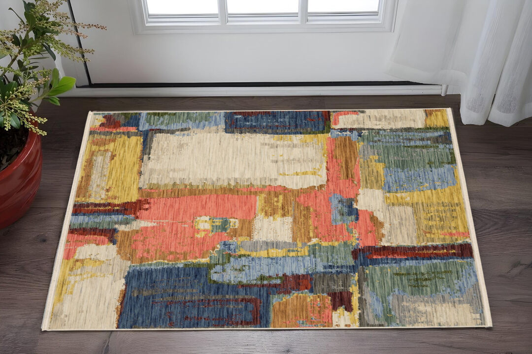 HomeRoots Abstract Area Rug With Fringe
