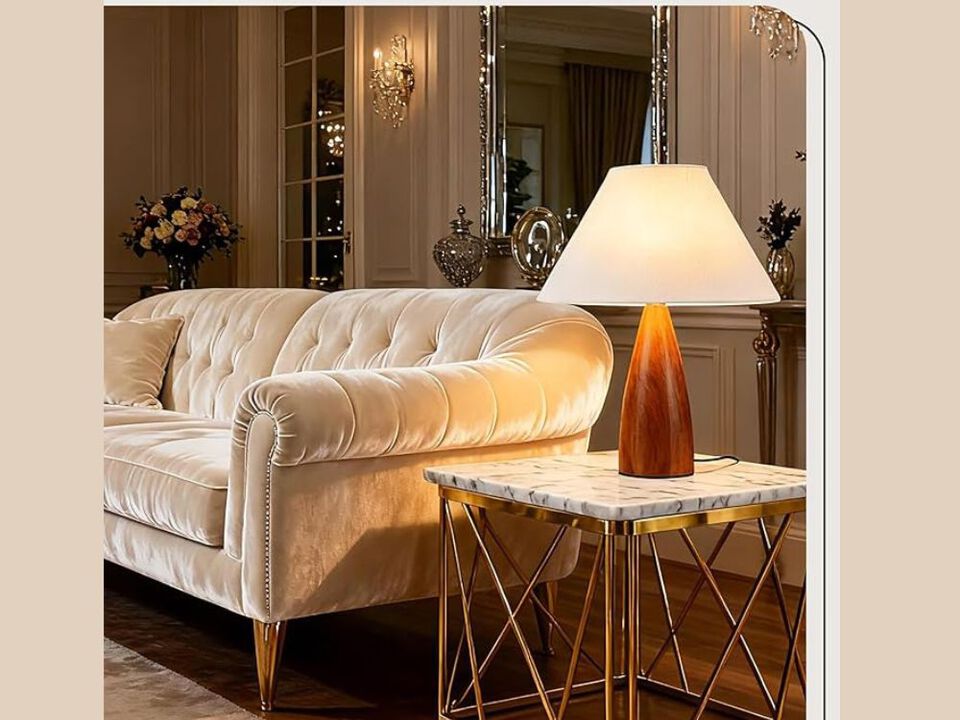 Bedside Table Lamp with Wood Base Linen Shade Farmhouse Vintage Nightstand Lamp