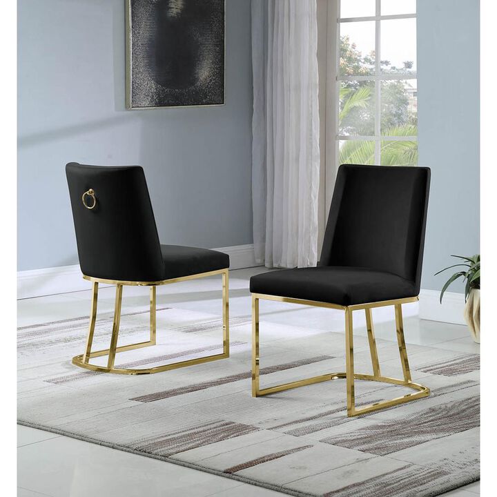 Set of 2 Velvet Dining Chair with Gold Sleigh Legs and Back Ring Handle - Black