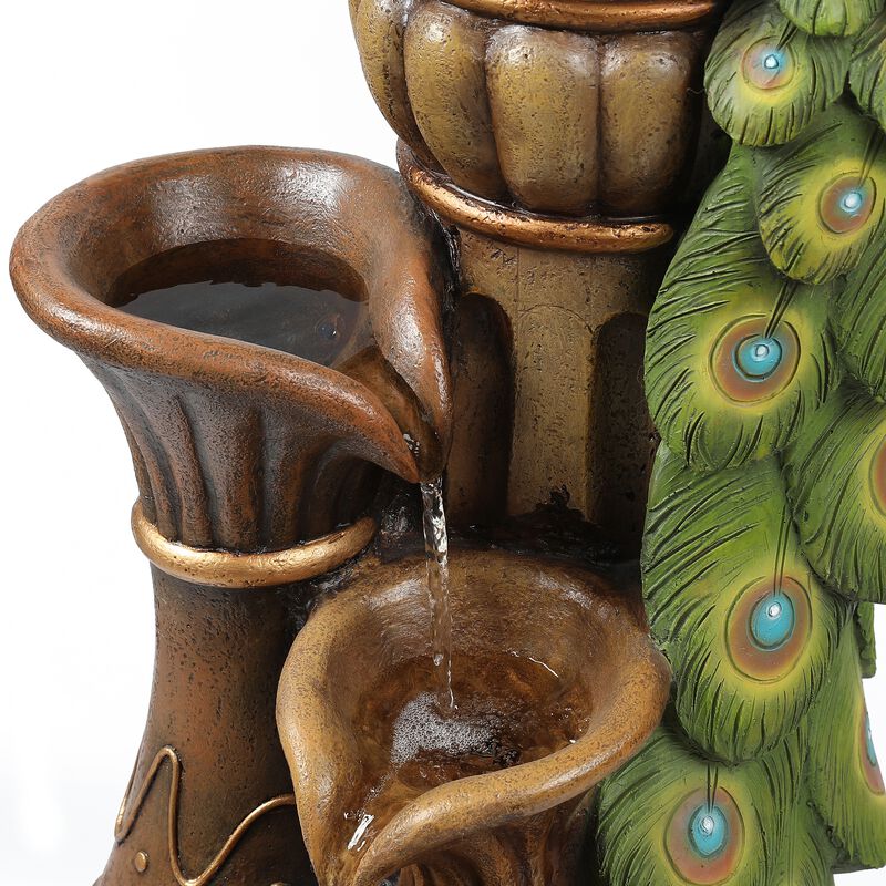 LuxenHome Resin Pedestal Peacock and Urns Outdoor Fountain