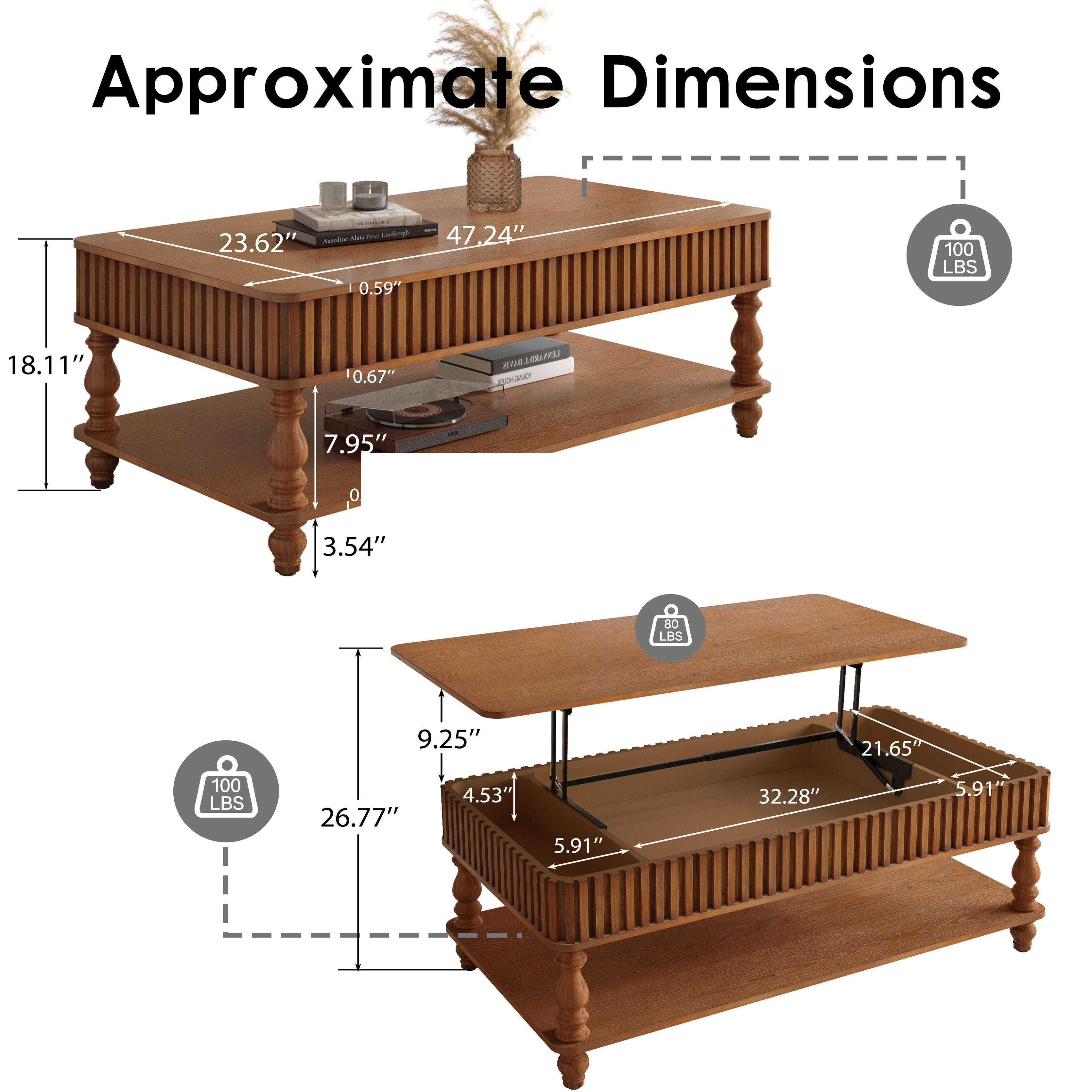 Merax Vintage Brown Solid Wood Lift-Top Coffee Table - Dual