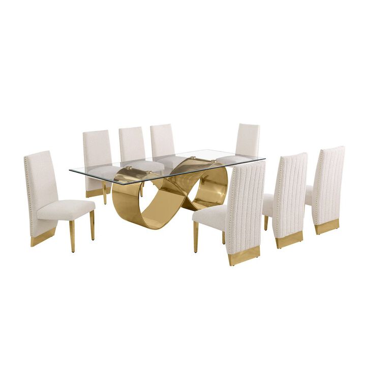 Best Quality Furniture 9Pc Tempered Glass Dining Set 8 Cream Boucle Chairs And Gold Base