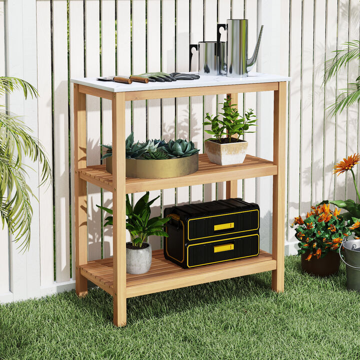 Outdoor 3-Tier Potting Bench with Marble-Style Worktop