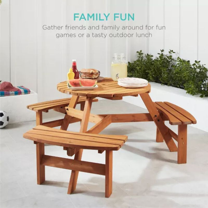 Hivvago Outdoor Round Wood Picnic Table Bench Set with Umbrella Hole - Seats 6