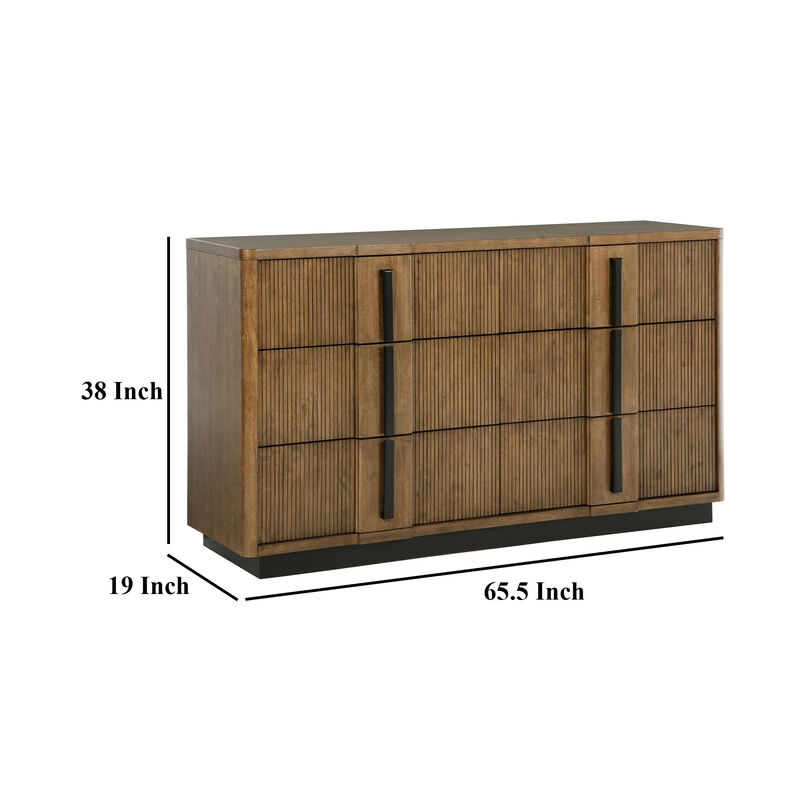 Reon Wide Dresser, 6 Drawers, Decorative Reeded Ash Brown Black Wood - Benzara