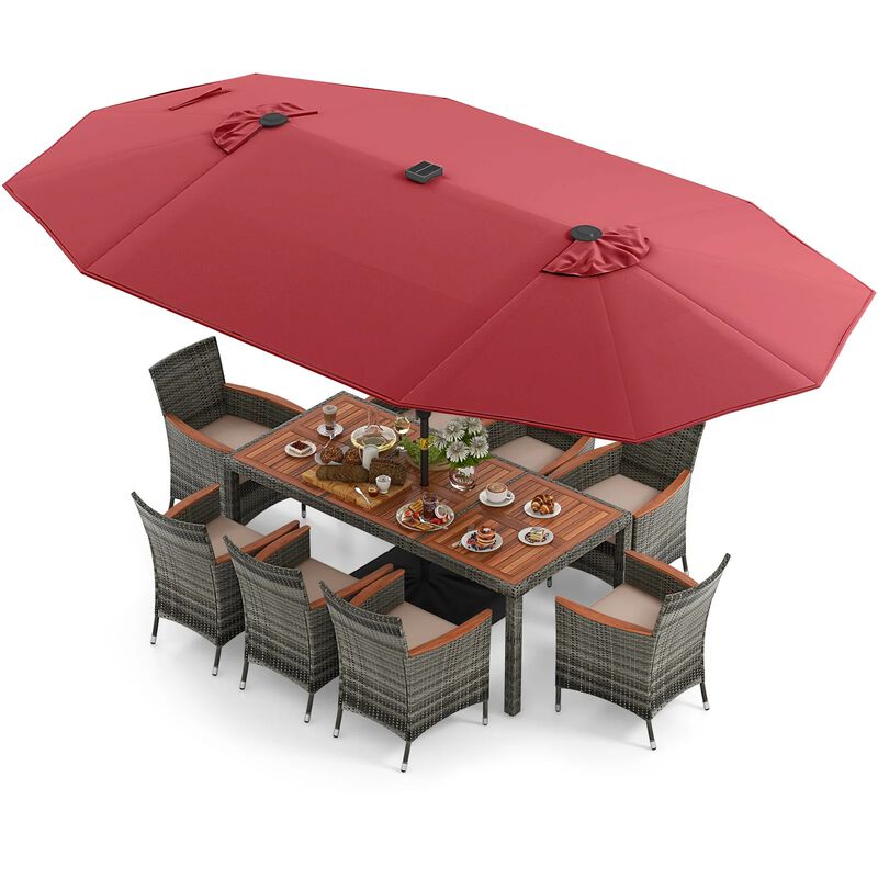 Mondawe 9-Piece Patio Dining Set,71" Acacia Table With 15ft Solar LED Umbrella & PE Rattan Chairs