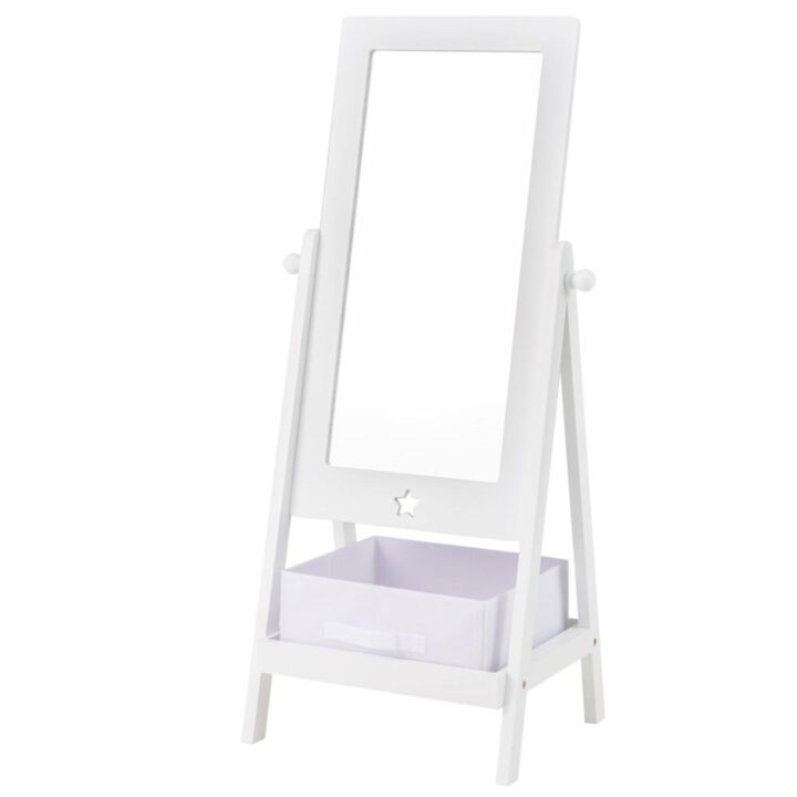 Hivvago Kids Full Length Wooden Standing Mirror with Bottom Shelf and Foldable Storage Bin