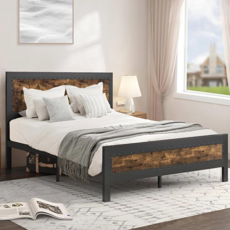 Hivvago Full Industrial Rivet Platform Bed Frame with Headboard in Rustic Wood Finish