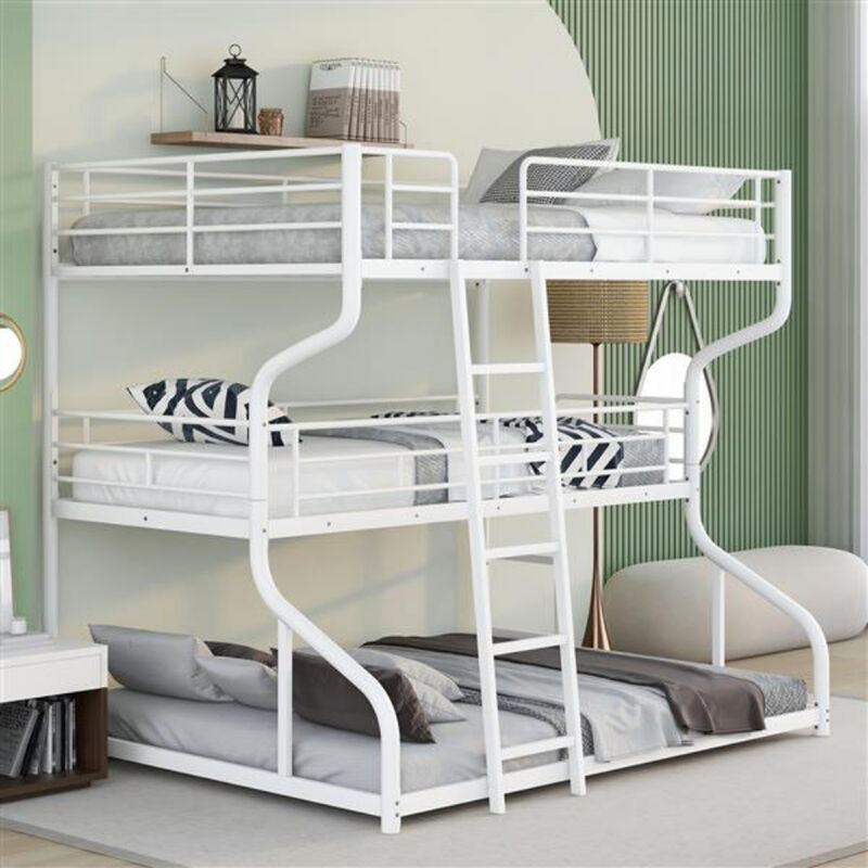 Space-Saving Triple Bunk Bed with Long and Short Ladders