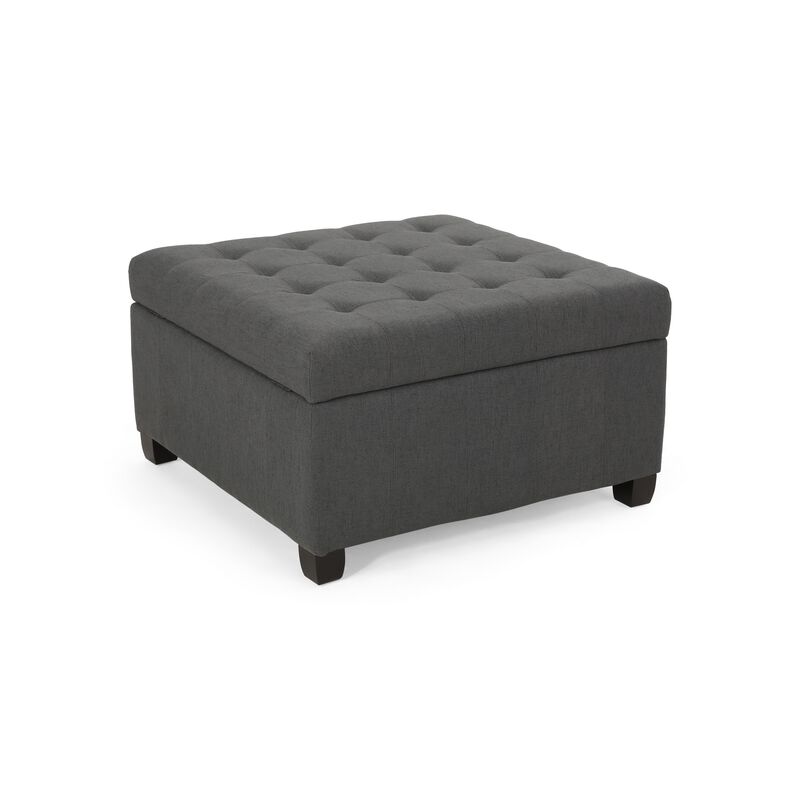 Cindy Ottoman with Storage, 31 Inch Square, Gray Waffle Stitch Fabric - Benzara