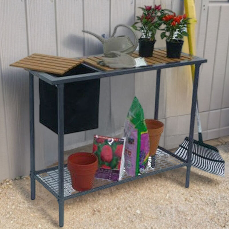 Hivvago Outdoor Metal Garden Bench Work Table with Wood Top