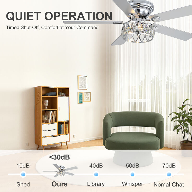Breezary 52" Flush Mount Ceiling Fan with Light, 3 E12 Bulbs Required, 6 Speeds, Remote, 5 Blades image number 3