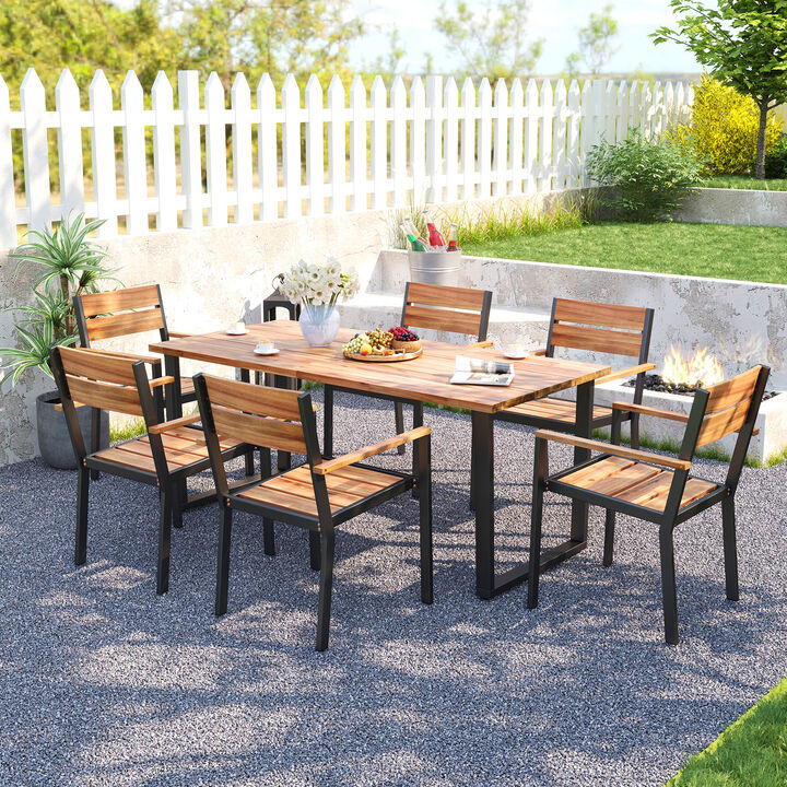 Modern 7-Piece Acacia Wood Patio Dining Set with Metal Frame & Umbrella Hole