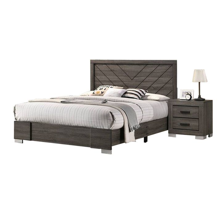 Lola Classic Queen Size Bed, Wood Grain, Strong Block Legs, Taupe Brown - Benzara