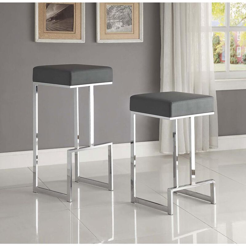 31 Inch Modern Bar Stool, Vegan Faux Leather, Backless, Chrome, Silver