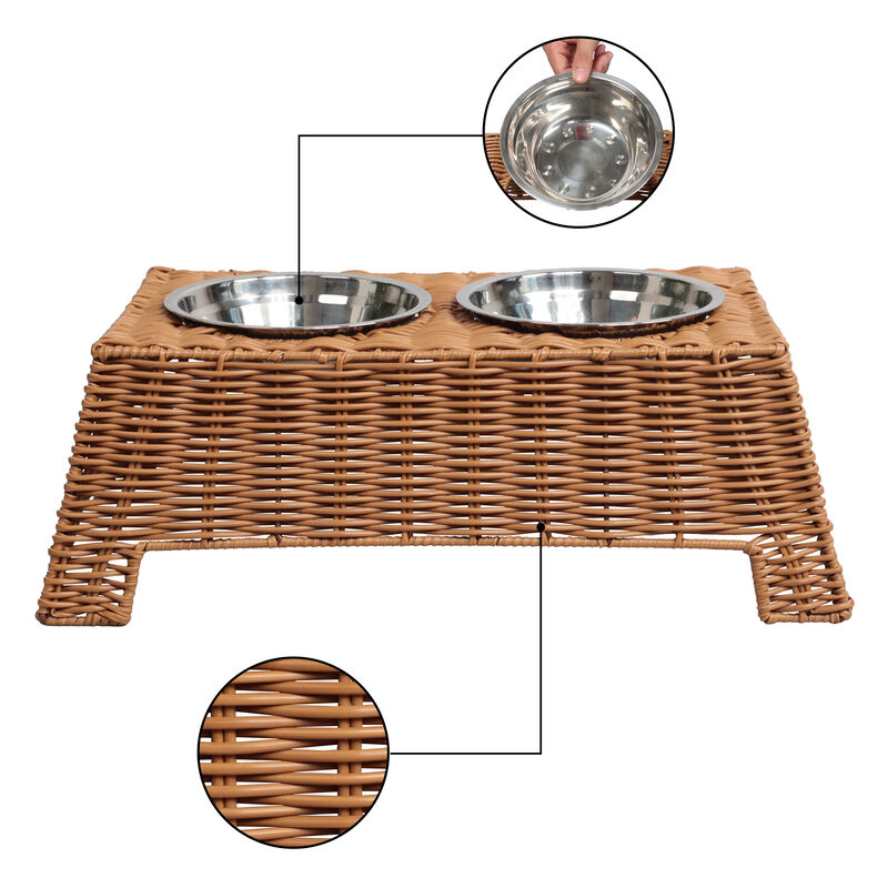 Serenity 6.9" Elevated Wicker Pet Feeder with 18oz (2.2 Cups) 2-Stainless Steel Bowls image number 3