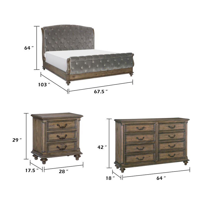Queen Bedroom Set, Gray, Brown Wood, 4 Piece Set with 2 Nightstands and Dresser image number 7