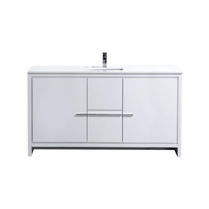 Kubebath 60″ High Gloss White Modern Bathroom Vanity with White Quartz Counter-Top