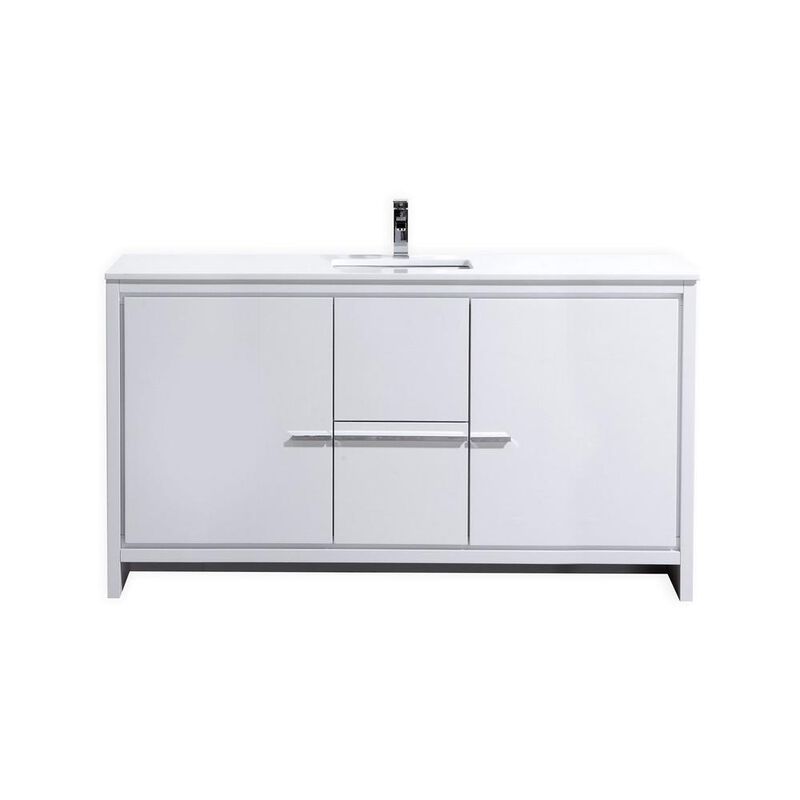 Kubebath 60″ High Gloss White Modern Bathroom Vanity with White Quartz Counter-Top
