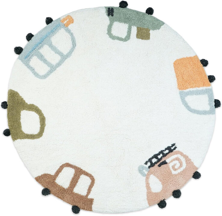 HomeRoots 32" Blue Green And White Cotton Cars Round Youthful Bath Rug