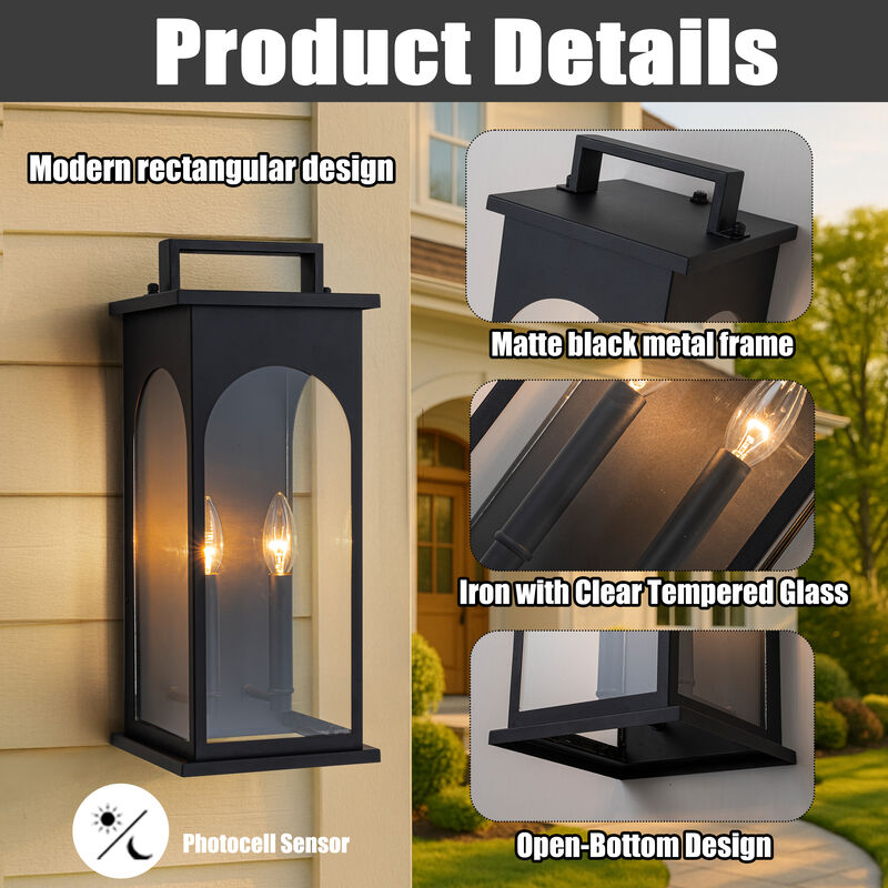 2-Light H19&rdquo; Outdoor Wall Lantern Large Black Exterior Wall Light with Clear Tempered Glass and Dusk to Dawn Sensor for Front Door, Garage & Entryway image number 4