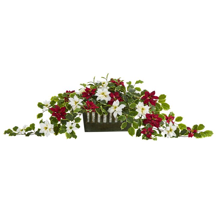 HomPlanti 39" Poinsettia and Variegated Holly Artificial Plant in Decorative Planter (Real Touch)