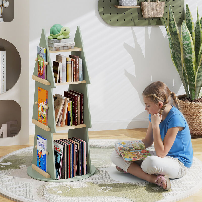 Tree-Shaped Rotating Kids Bookshelf with 4 Tiers – 360° Display Storage Organizer