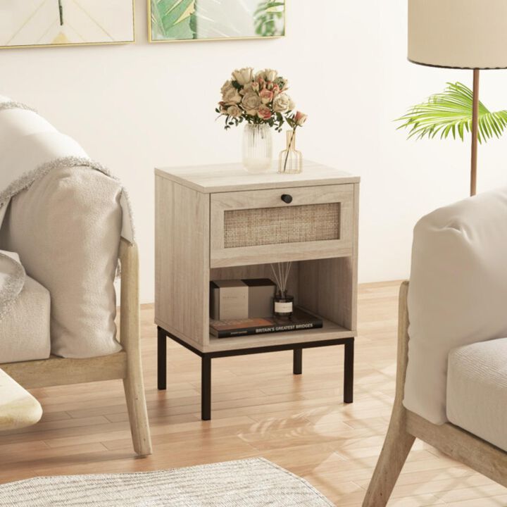 Hivvago Rattan Nightstand Boho End Table with Rattan Drawer & Open Shelf