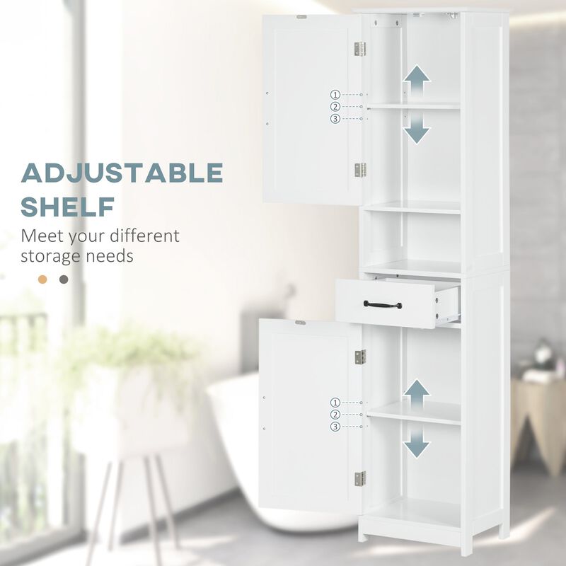 Modern Bathroom Cabinet, Narrow Storage Cabinet with Open Shelf, Drawer, Recessed Doors and Adjustable Shelves, White