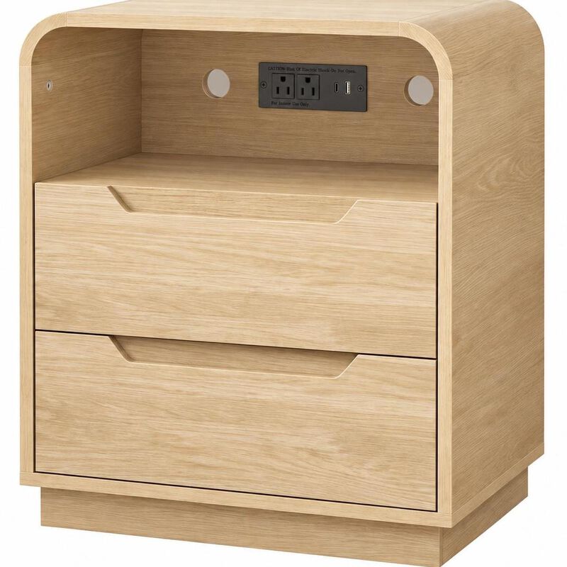 HomeRoots Ashen Fold Wood Two Drawer Nightstand with USB Port and Integrated Tech image number 3