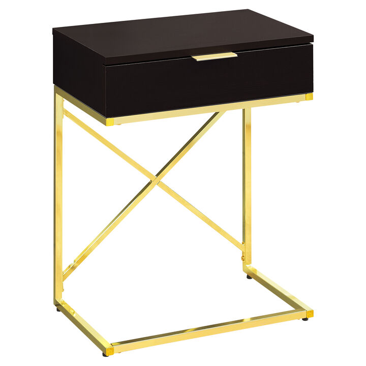 Monarch Specialties I 3476 Accent Table, Side, End, Nightstand, Lamp, Storage Drawer, Living Room, Bedroom, Metal, Laminate, Brown, Gold, Contemporary, Modern