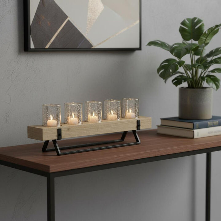 HomeRoots 7" Black And Brown Distressed Mirrored Solid Wood Metal And Glass Tabletop Votive Candle Holder