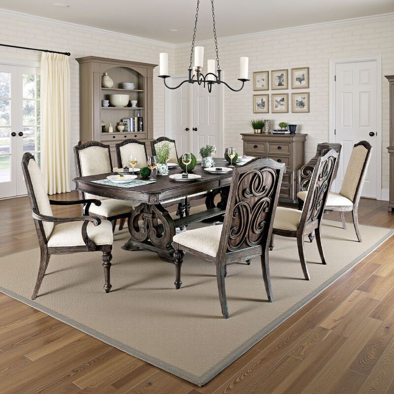 Arca 9pc Dining Table Set with 8 Ivory Fabric Chair, Rustic Solid Wood - Benzara