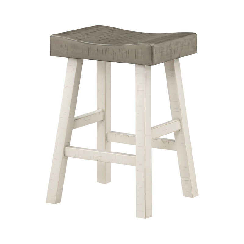 Casy 25 Inch Counter Height Stool, Saddle Seat, White Rubberwood, Set of 2