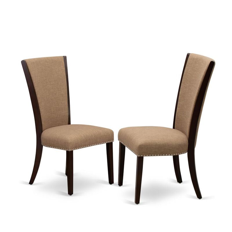 East West Furniture - Set of 2 - Upholstered Dining Chair- Wooden Chairs Includes Mahogany Solid Wood Structure with Light Sable Linen Fabric Seat with Nail Head and Stylish Back