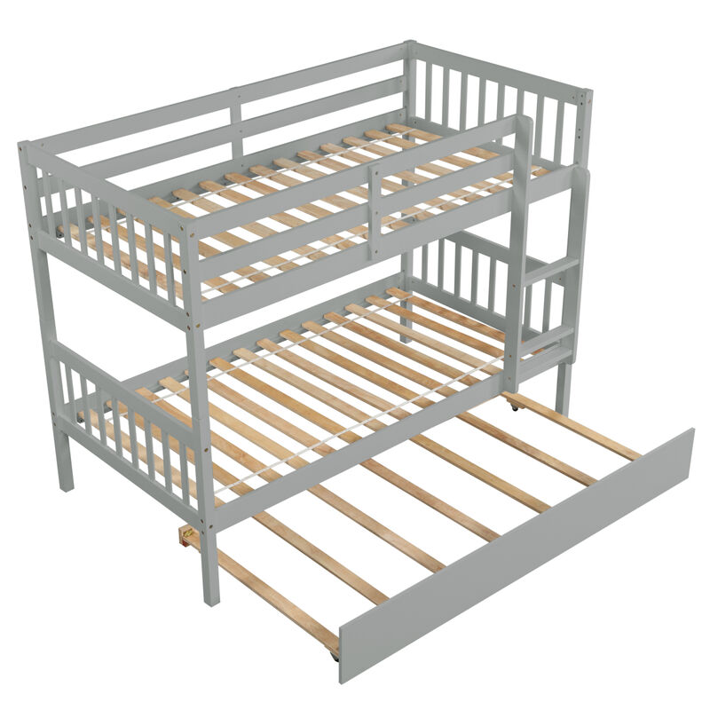 Twin Over Twin Bunk Beds with Trundle, Solid Wood Trundle Bed Frame with Safety Rail and Ladder, Kids/Teens Bedroom, Guest Room Furniture, Can Be converted into 2 Beds,Grey (Old Sku:W504S00027)