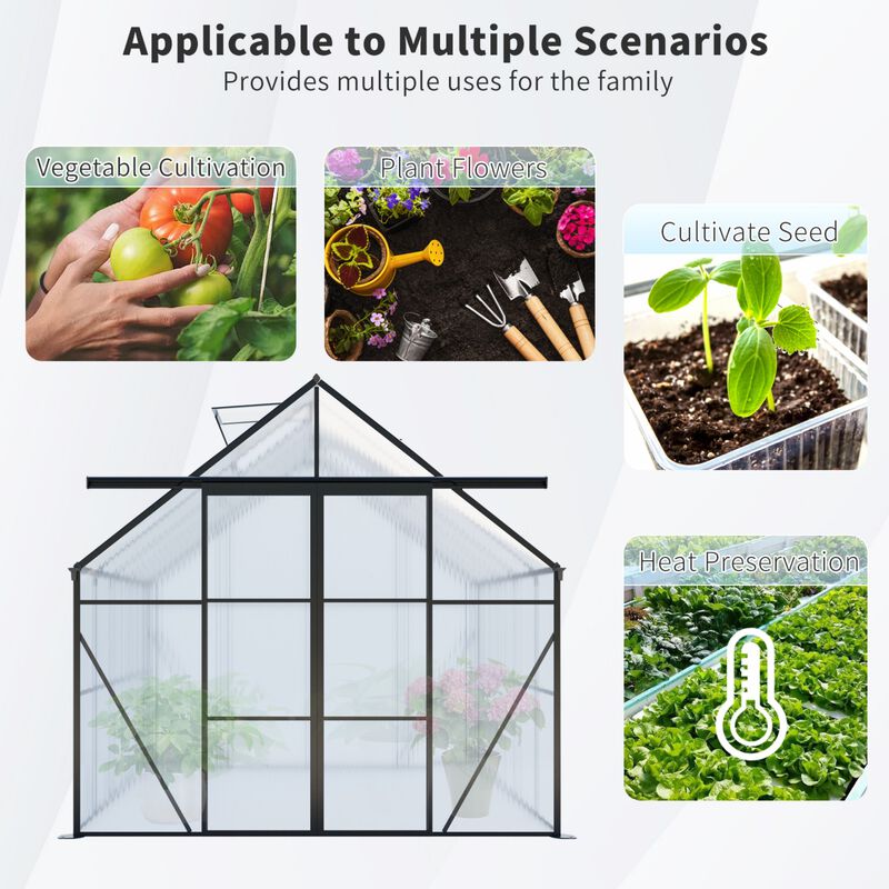 8x8 FT Double Door Polycarbonate Greenhouse Raised Bas&Anchor Aluminum Heavy Duty Walk-in Greenhouse image number 5