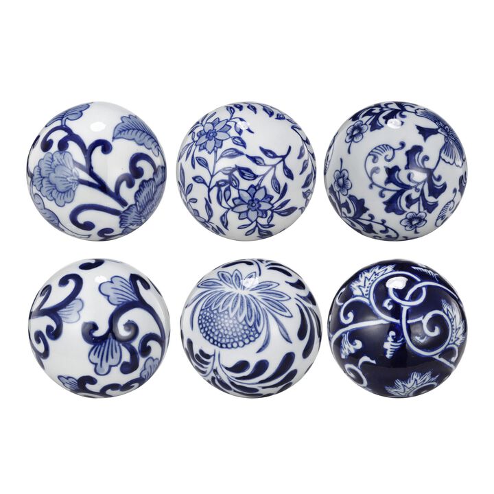 4 Inch Decorative Ball Set of 6 Orbs, Blue And White Printed Porcelain - Benzara