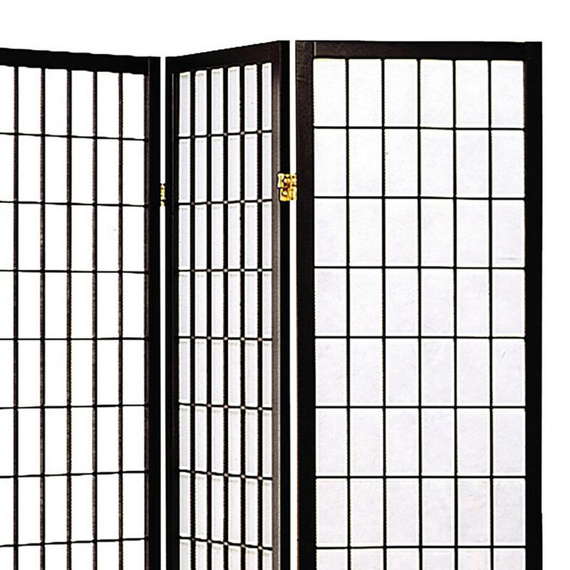 4 Panel Foldable Wooden Frame Room Divider with Grid Design, Black-Benzara