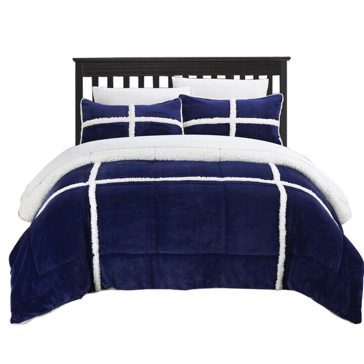 Chic Home Camille Soft Plush Microsuede Chloe Sherpa Lined 3 Pieces Comforter Set - Queen 86x92, Navy