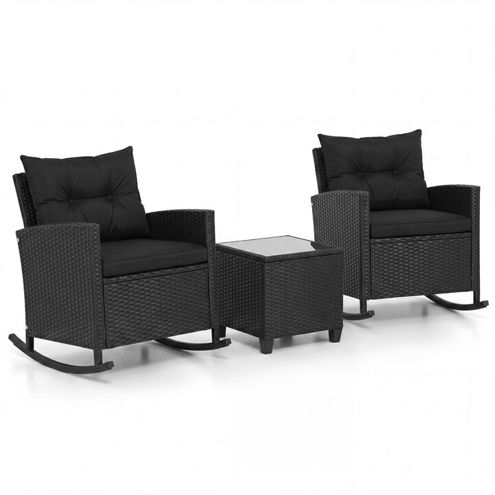3-Piece Outdoor Rattan Rocking Bistro Set with Cushions and Glass Table