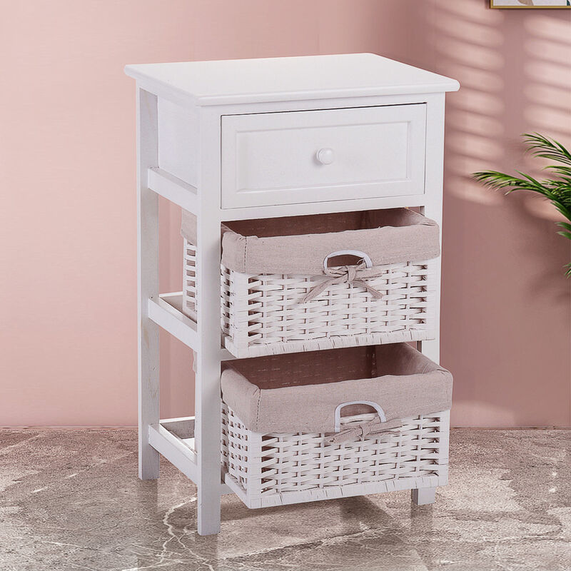 One Drawer Nightstand with Two Removable Baskets, Storage Bedside Table, Modern End Table with Tall Legs, Indoors, White