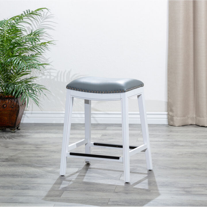 24" Counter Stool, White Finish, Gray Leather Seat