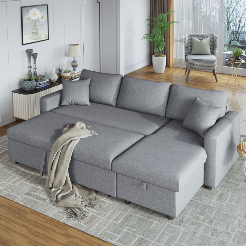 Upholstery Sleeper Sectional Sofa Grey with Storage Space, 2 Tossing Cushions
