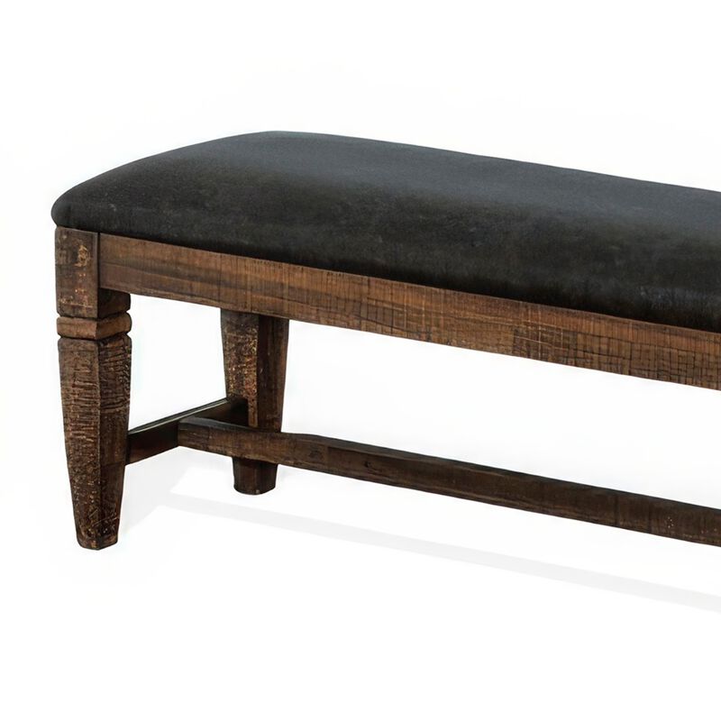 Flint Bench, Dark Gray Faux Leather, Dark Brown Mahogany, 56 Inch - Benzara
