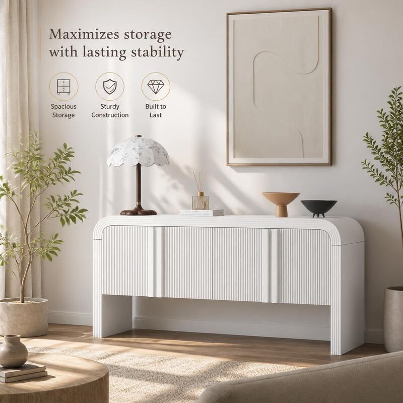 GOODSILO 62.2-Inch Curved Wave Pattern Console Table with 4 Doors and Adjustable Shelf, Narrow Entryway Sofa Table for Living Room, Foyer and Hallway image number 4