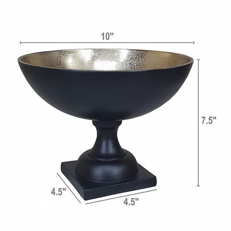 10 Inch Vintage Style Accent Bowl, Gold, Antique Black, Pedestal Stand - Benzara