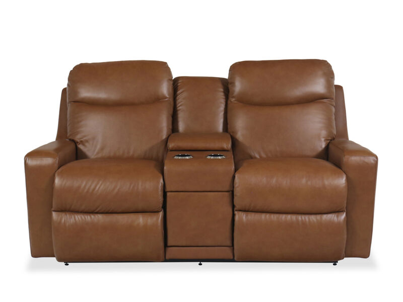 Emmons Oak Leather Power Reclining Loveseat with  Headrest & Lumbar