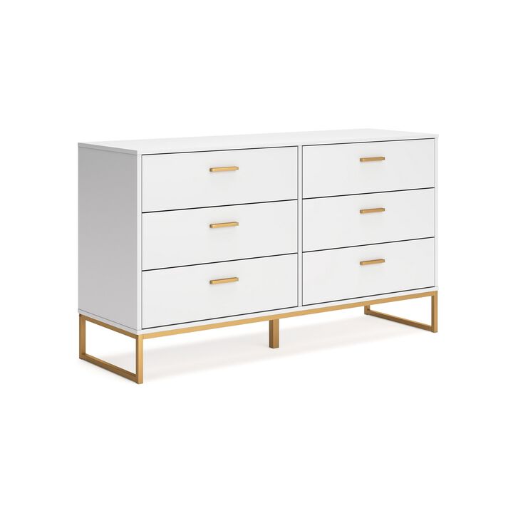 Alli Wide Dresser, 6 Drawers, Matte White Wood, Gold Metal, 59 Inch - Benzara