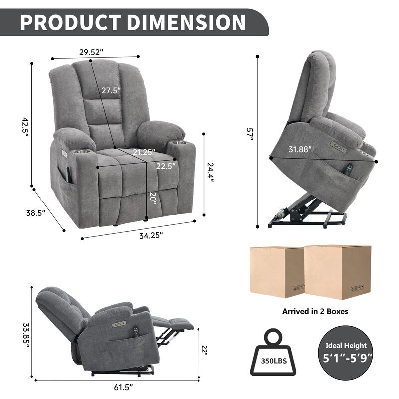 Power Lift Recliner Chair with Massage and Heat, Overstuffed Recliners image number 8